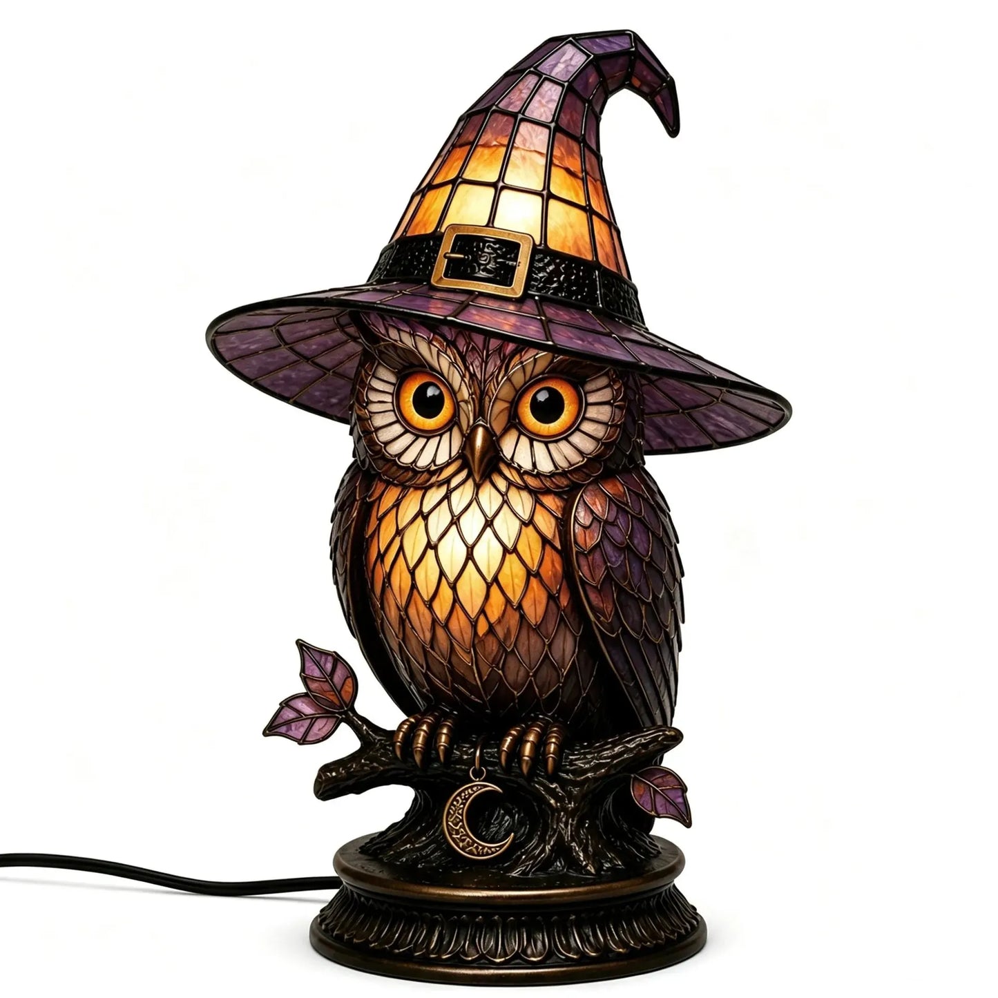 π Gothic Stained Glass Witch Black Cat Table Lamp | Halloween Witch Hat Night Light Decor