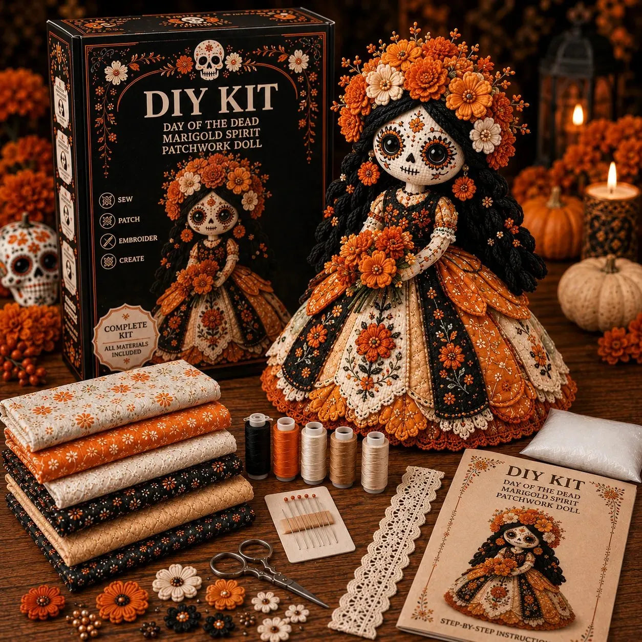 Day of the Dead Patchwork Doll DIY Kit | Handmade Fabric Craft with Floral Details