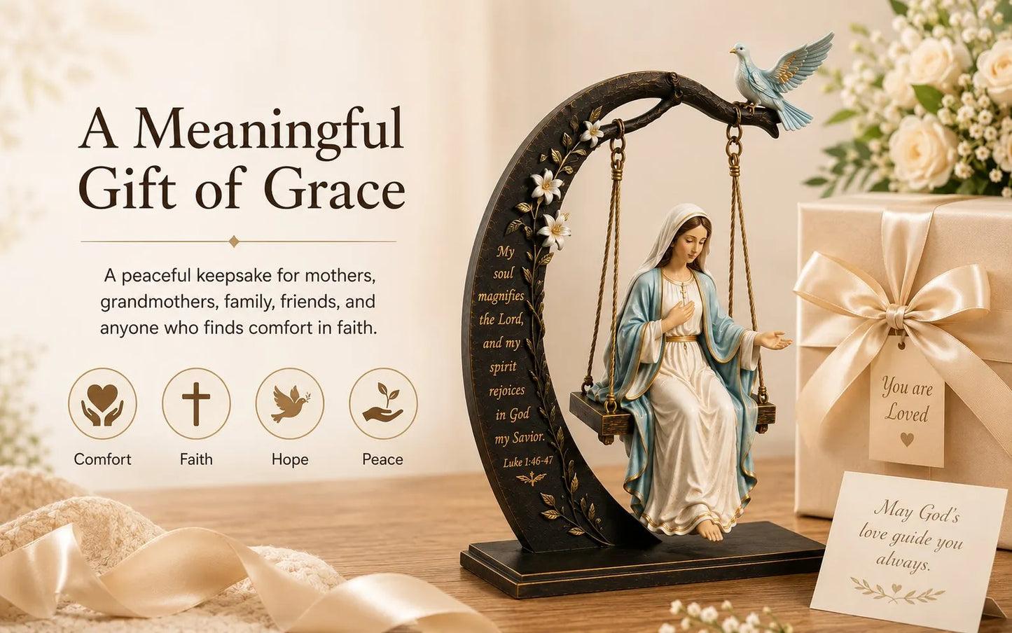 ✝️ Blessed Mary Cradle Swing Ornament – Luke 1:46–47 Faith Table Decor | Holy Virgin Prayer Sculpture with Dove & Crescent Arch Home Decoration