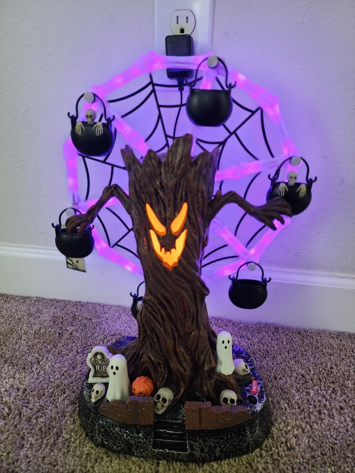 Rotating Halloween Ghost Tree Ferris Wheel Table Decor, LED Light Up Skeleton Spider Web Spooky Figurine with Sound