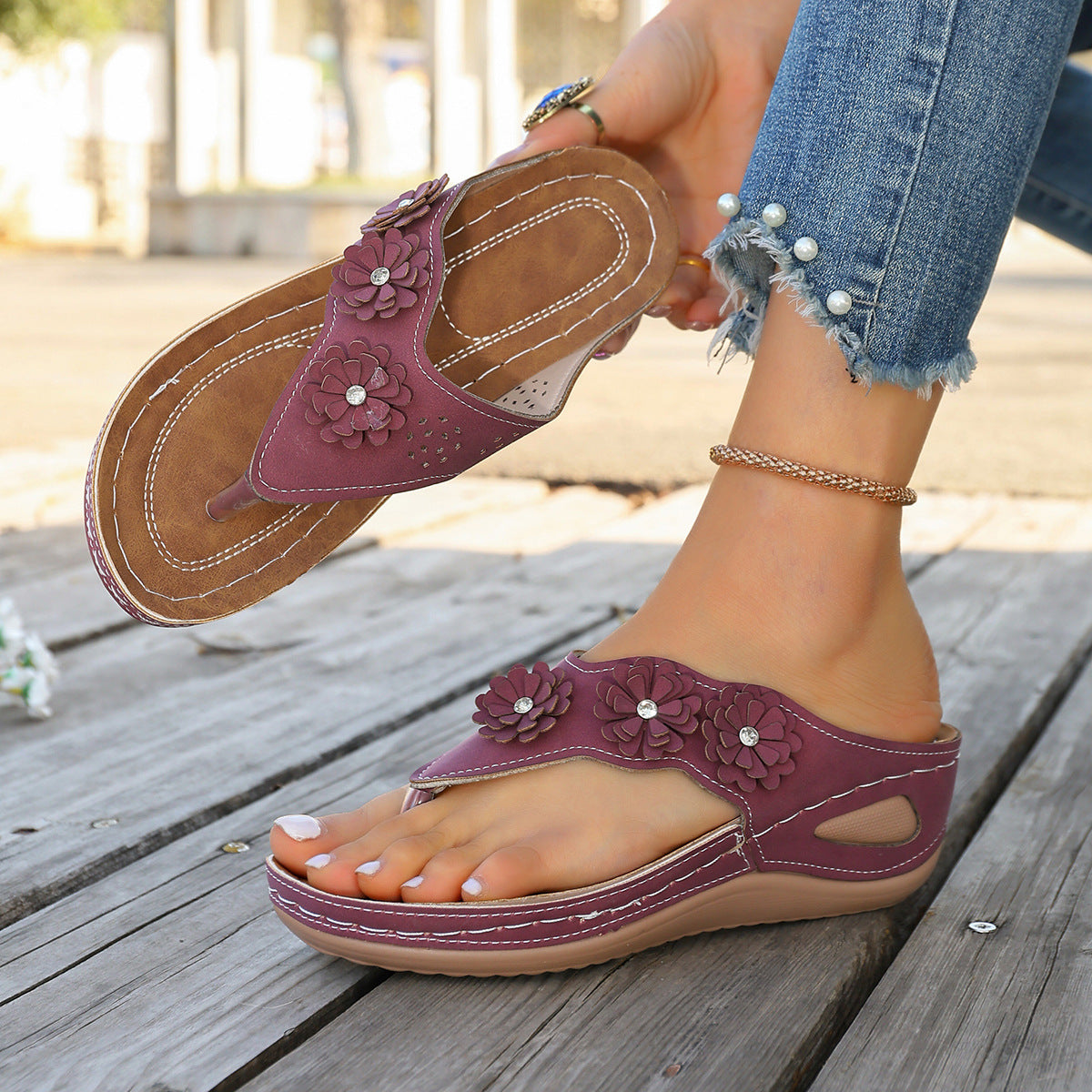 Comfy Rhinestone Flower Wedge Sandals with Arch Support (Slip-On)