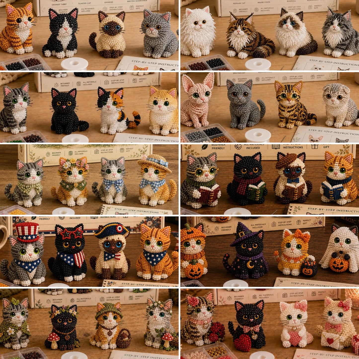 3D Beaded Cat DIY Kit – Adorable 4-Piece Handmade Cat Craft Set
