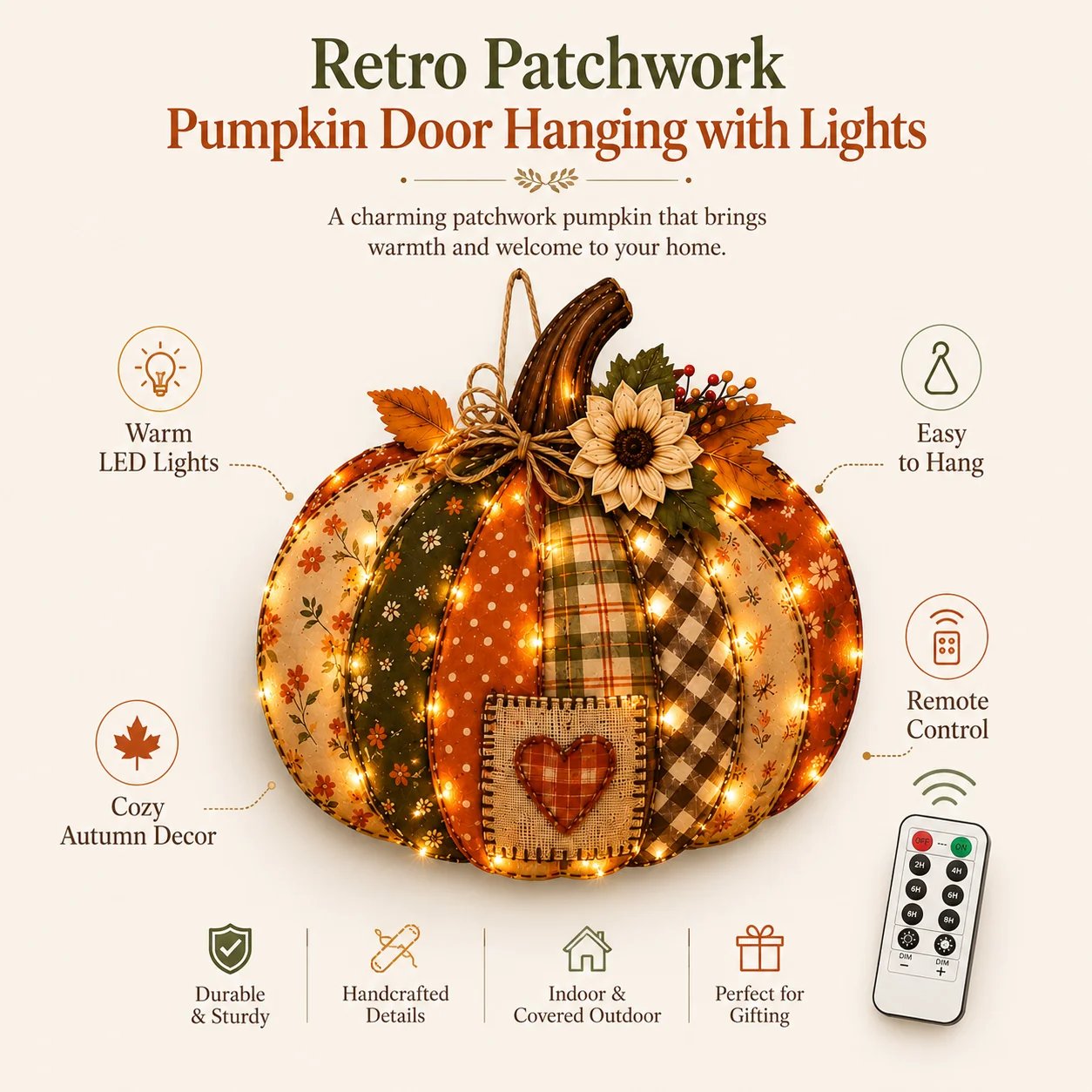 🍂🎃Autumn Retro Patchwork Pumpkin Door Hanging with Lights