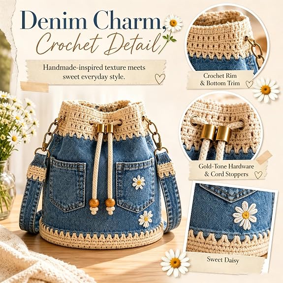 Handmade Denim Crochet Bucket Bag โ Daisy-Embroidered Drawstring Crossbody Bag
