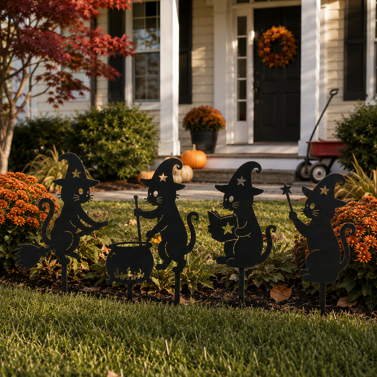 Set of 4 Metal Black Cat Yard Decorations