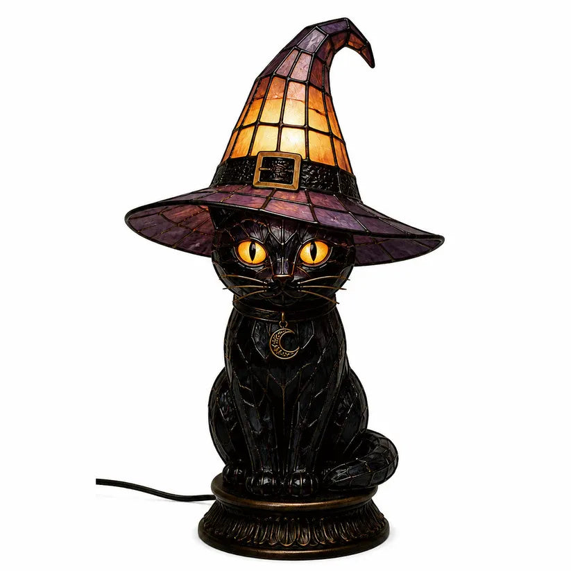 Gothic Stained Glass Witch Black Cat Table Lamp | Halloween Witch Hat Night Light Decor