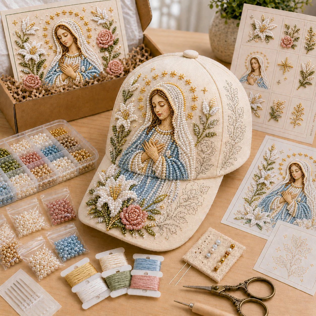 ✝️🧢 Premium Christian Faith Beaded Hat DIY Kit | Luxury Flocked Canvas with Scratch-Resistant Non-Fading Pearl Beads DIY Handmade Devotional Cap Decor 🕊️🪡✨