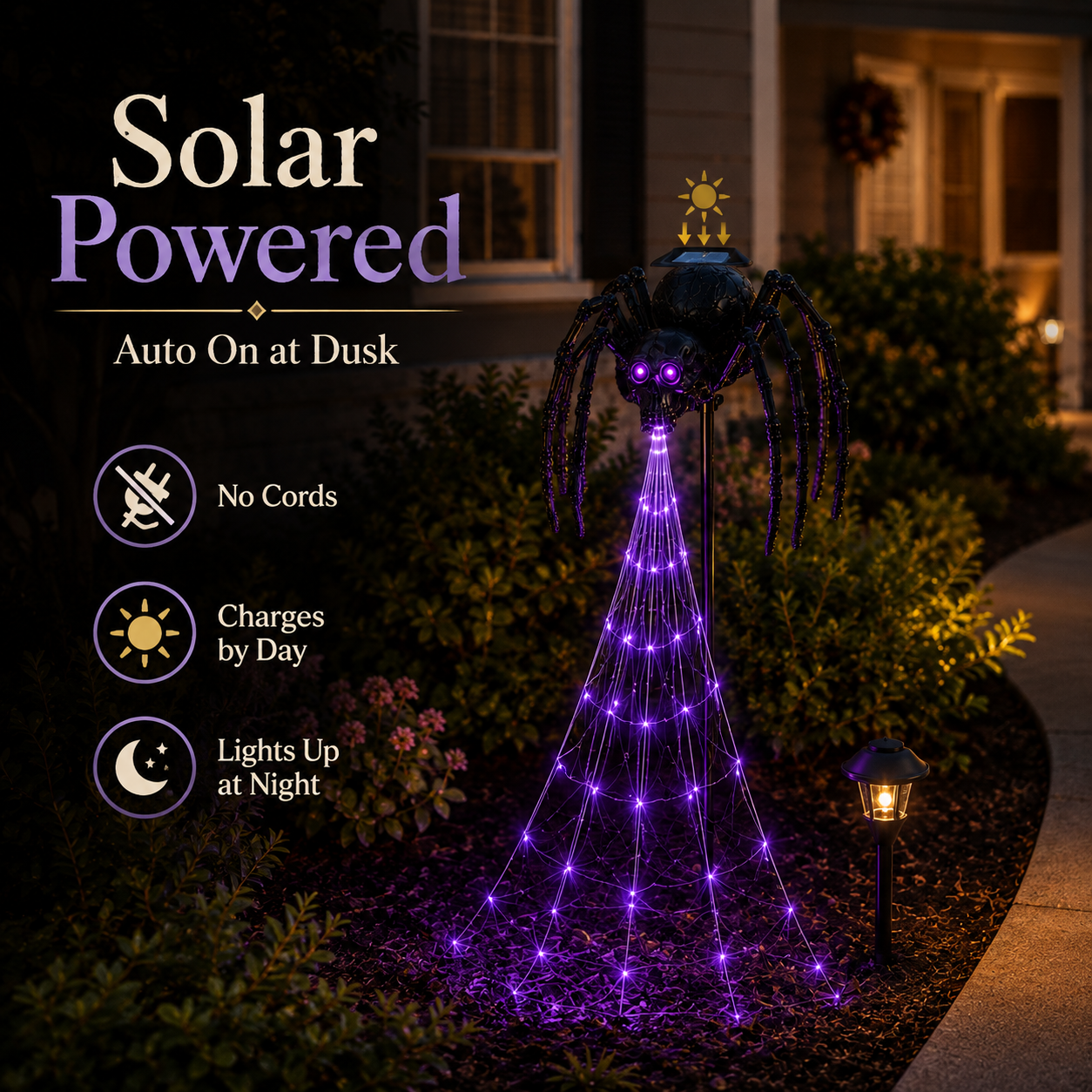 🕷️ Skull Spider Web Spinner Solar Garden Light