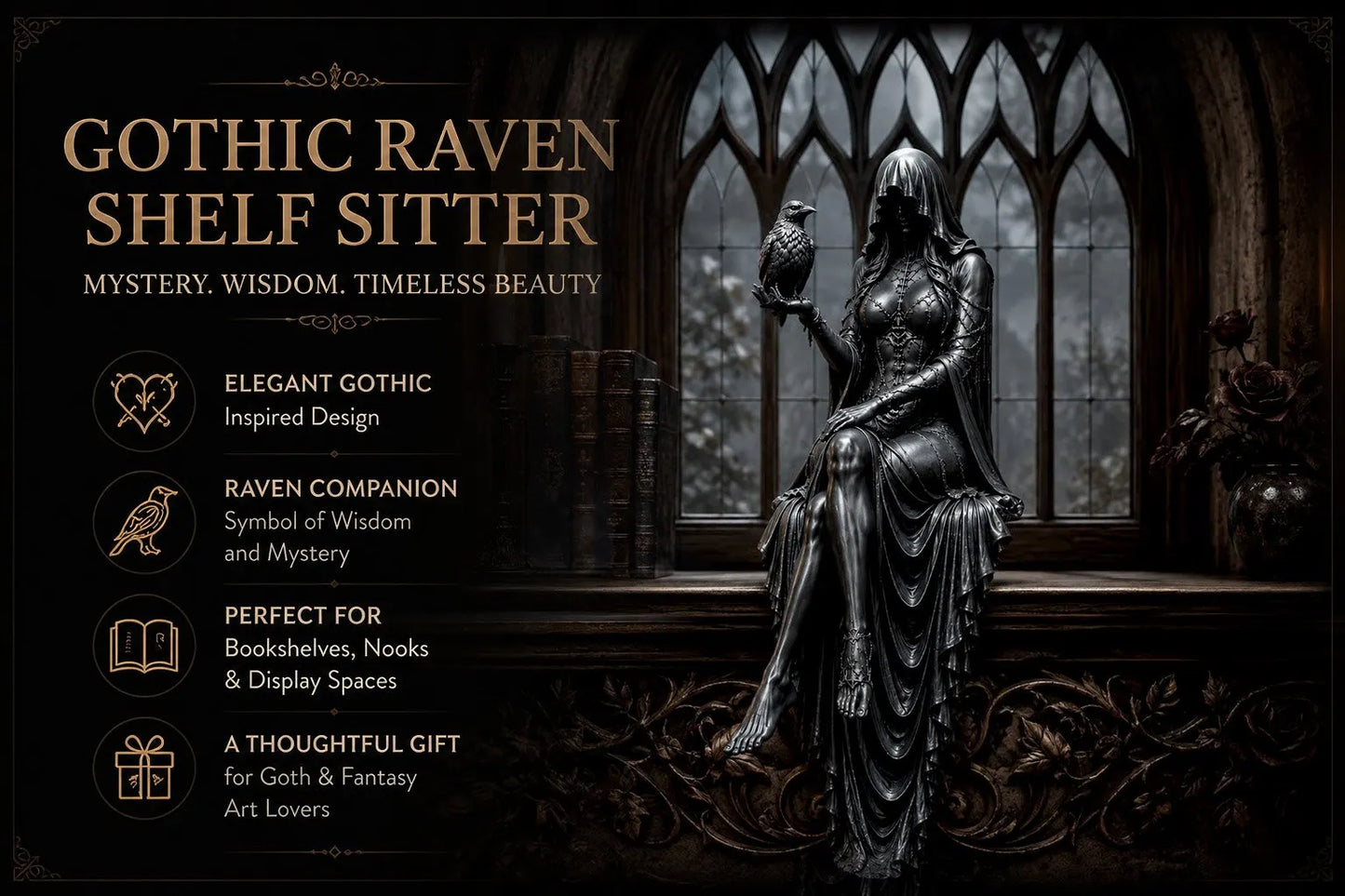 🖤 Gothic Raven Shelf Sitter Statue – A Symbol of Mystery, Wisdom & Dark Elegance