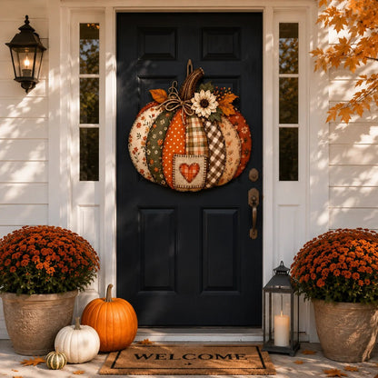🍂🎃Autumn Retro Patchwork Pumpkin Door Hanging with Lights