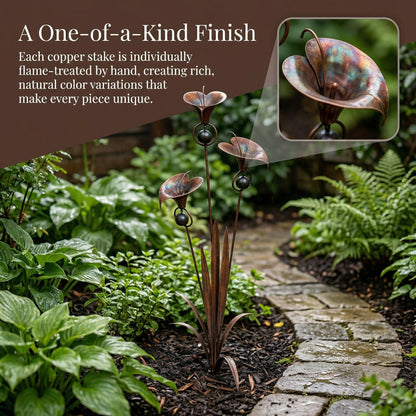 Flamed Copper Three Calla Lilies Garden Stake with Bells