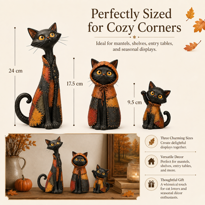 Whimsical Patchwork Black Cat Family