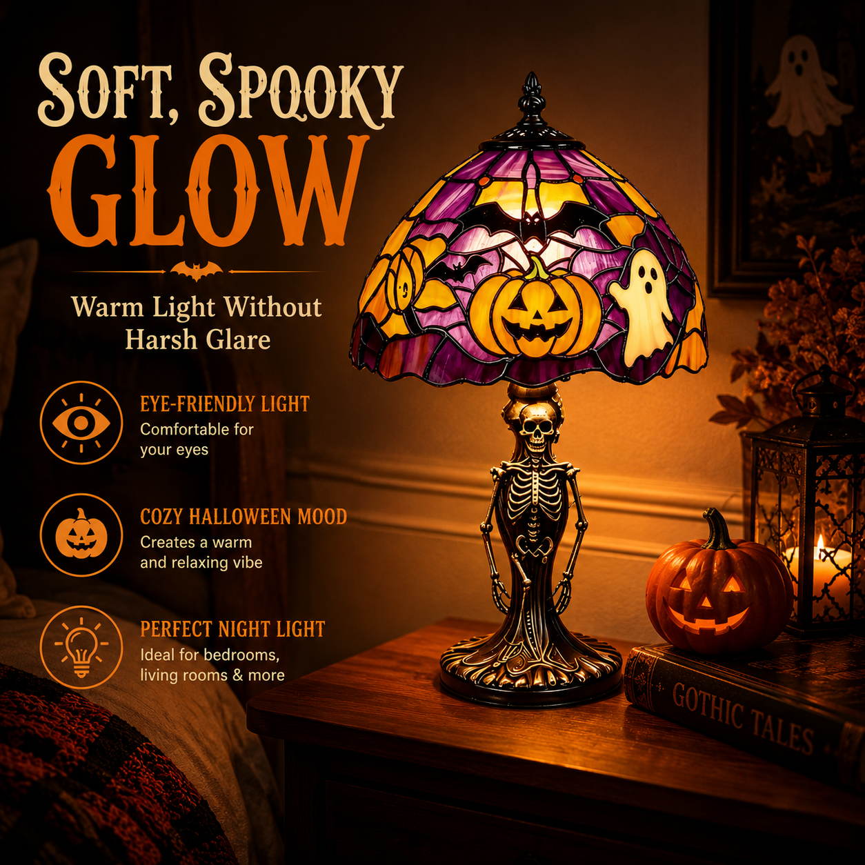 🎃 Halloween Stained Glass Skeleton Table Lamp | USB Gothic Night Light