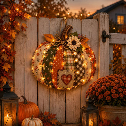 🍂🎃Autumn Retro Patchwork Pumpkin Door Hanging with Lights