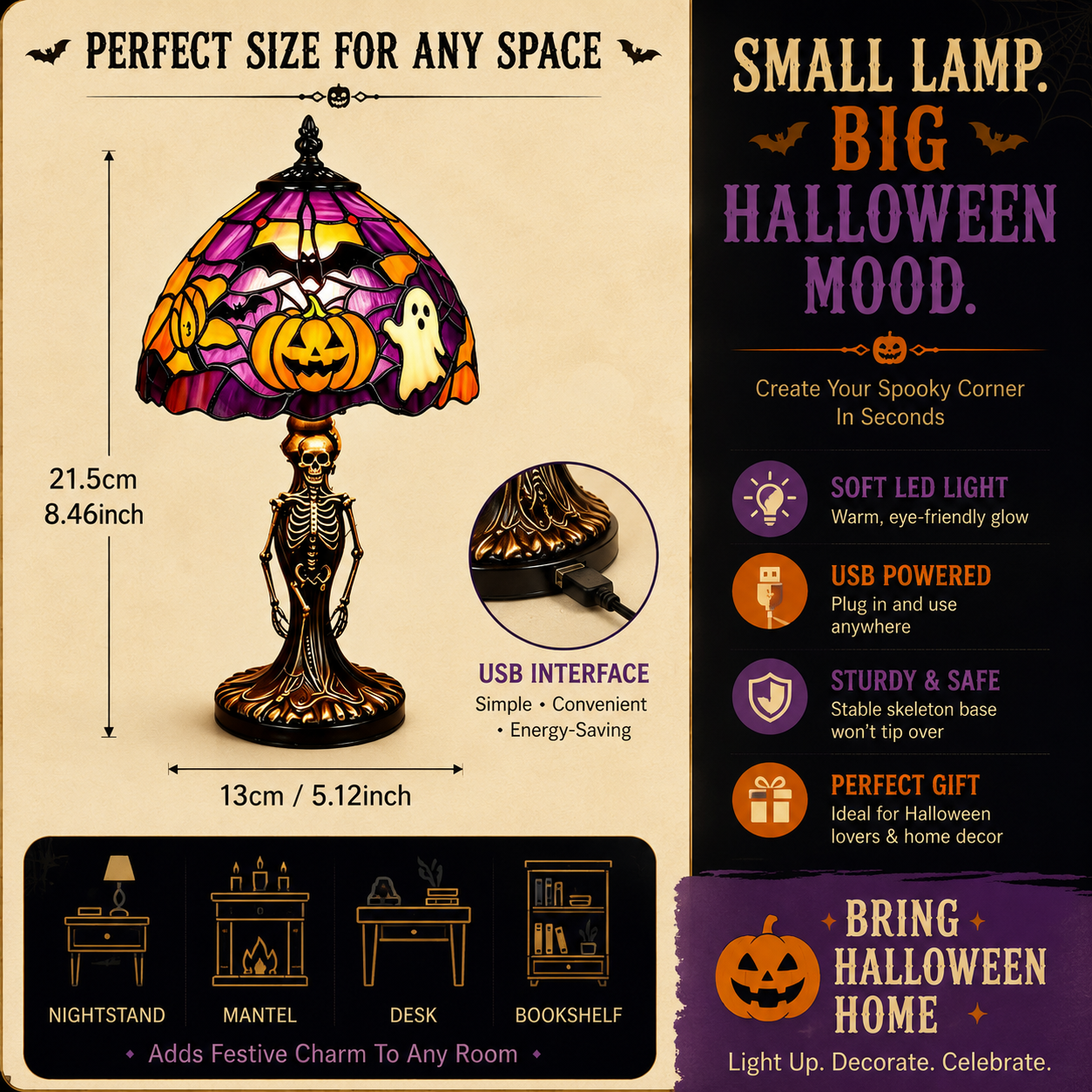 🎃 Halloween Stained Glass Skeleton Table Lamp | USB Gothic Night Light