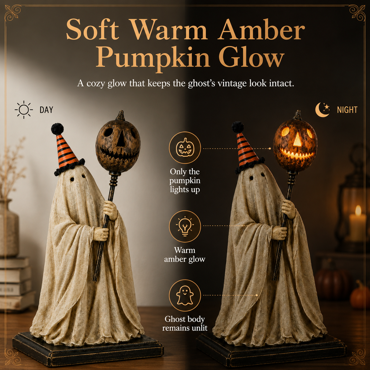 🎃Lighted Vintage Ghost Figurine with Glowing Pumpkin Staff