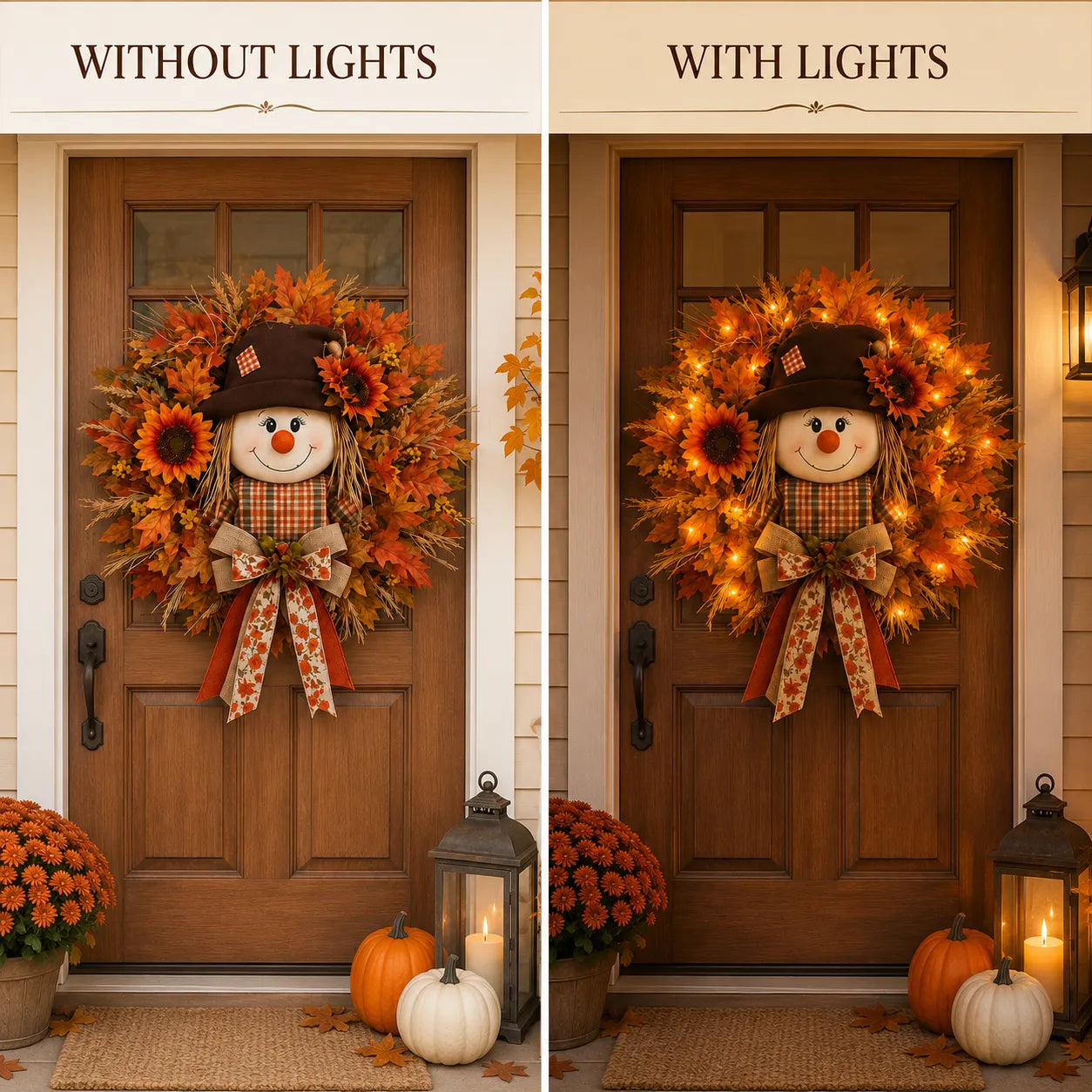 🍂🌻 Lighted Scarecrow Fall Wreath for Front Door