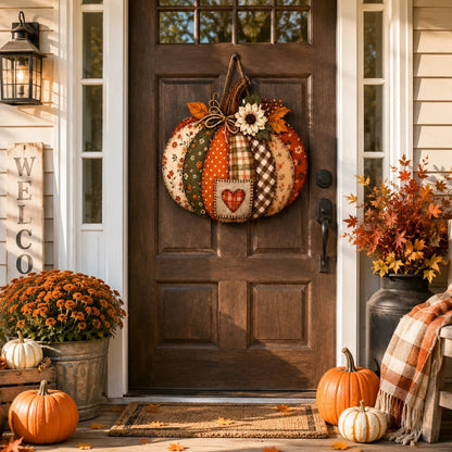 🍂🎃Autumn Retro Patchwork Pumpkin Door Hanging with Lights