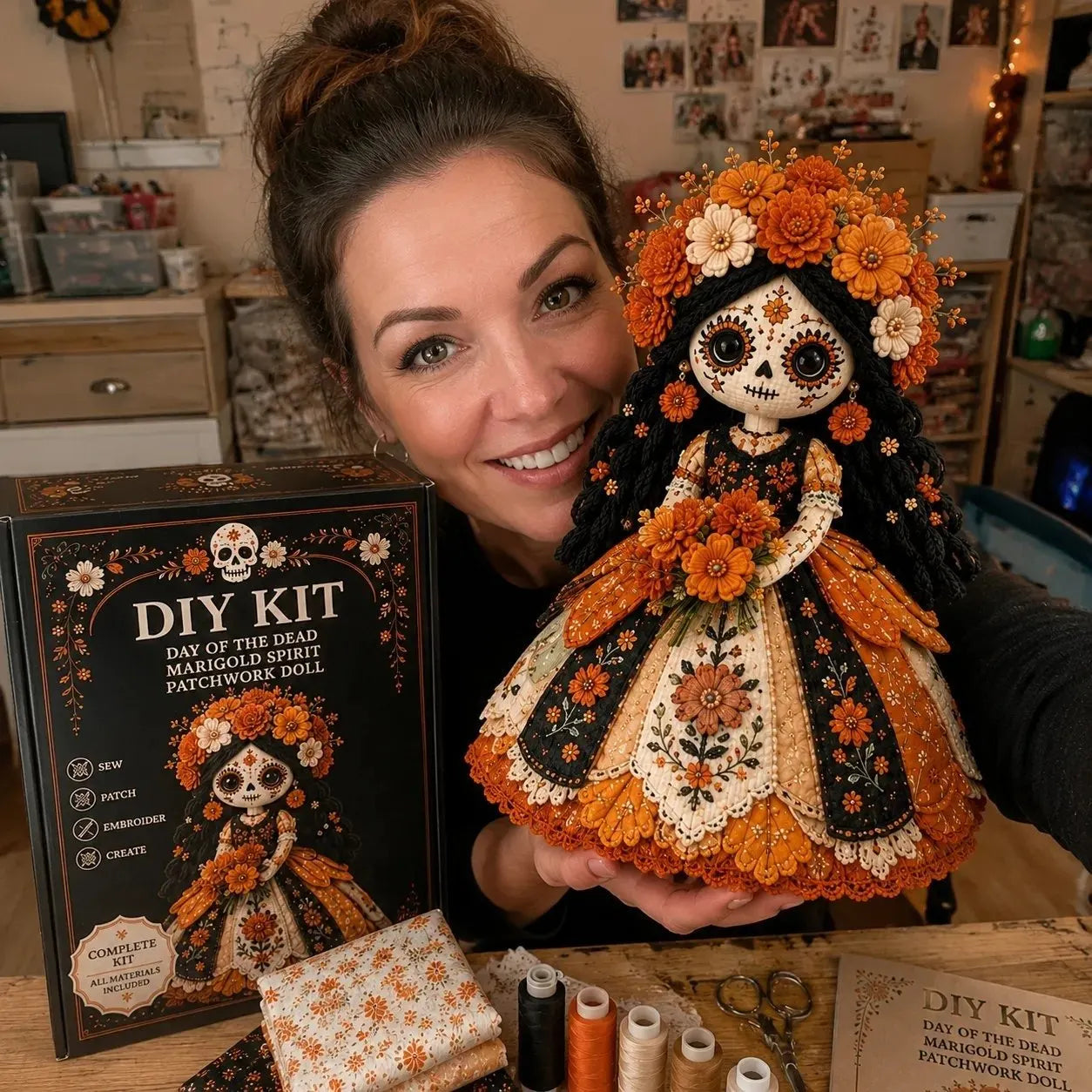 Day of the Dead Patchwork Doll DIY Kit | Handmade Fabric Craft with Floral Details