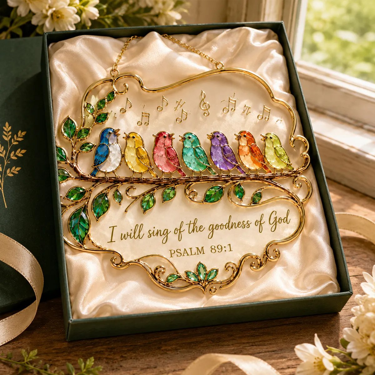 🐦🎶 Psalm 89:1 Songbird Window Suncatcher | Stained-Glass Style Faith Decor with Colorful Birds & Scripture 🕊️✨