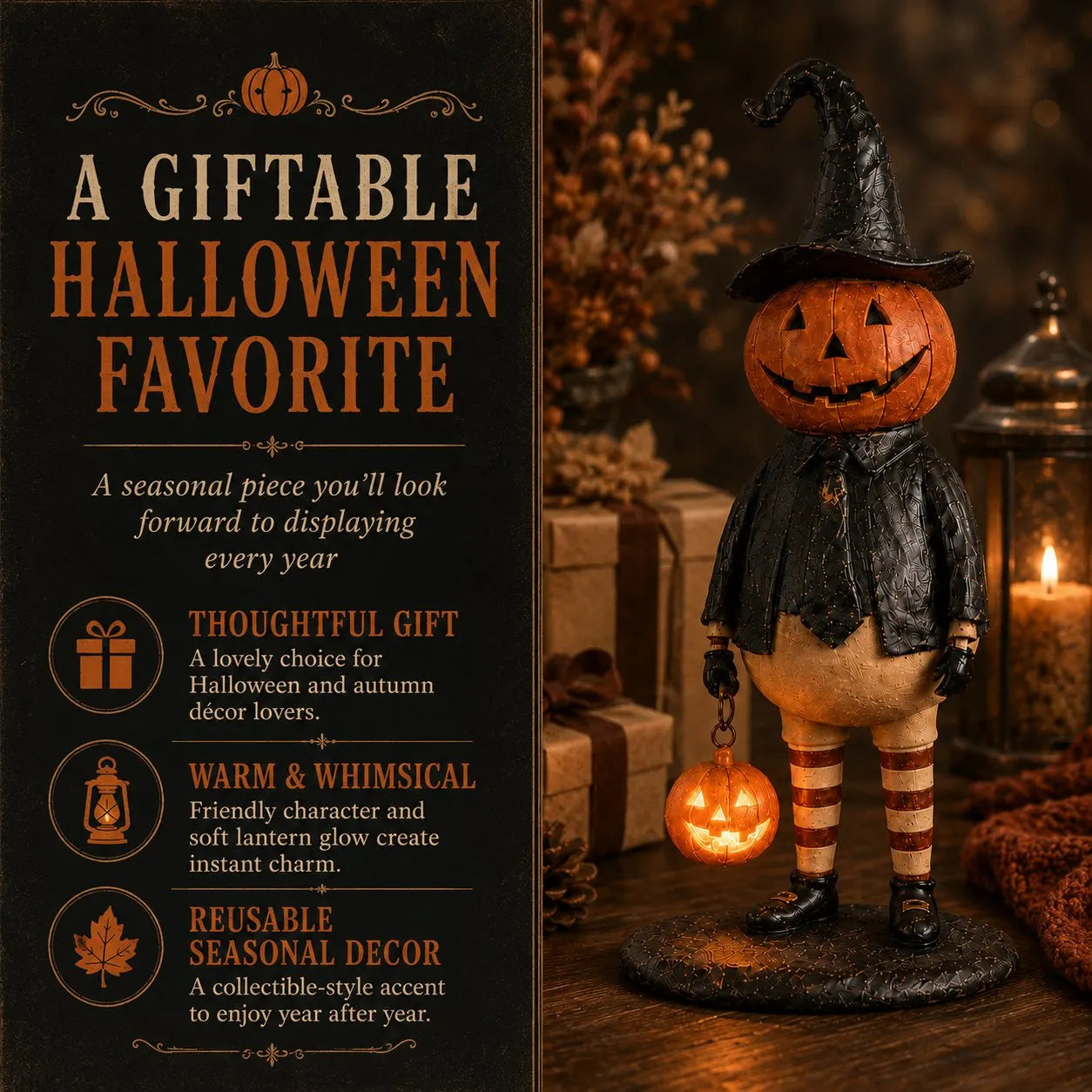 🎃Halloween Pumpkin Head Figurine with Lighted Handheld Pumpkin Lantern