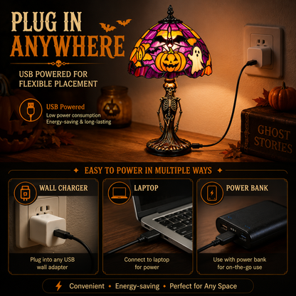 🎃 Halloween Stained Glass Skeleton Table Lamp | USB Gothic Night Light
