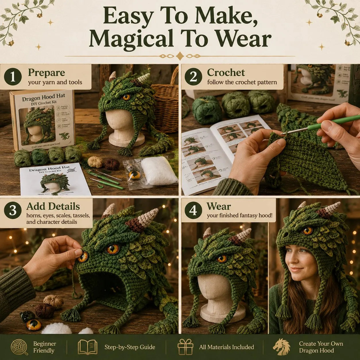 🧵Fantasy Hood Hat DIY Crochet Kit – Create Your Own Magical Wearable Character Hat