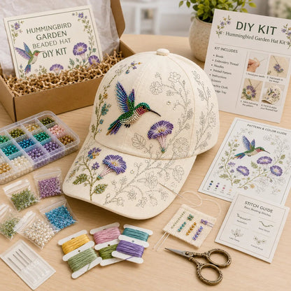 🧢🌸 Hummingbird Garden Beaded Hat DIY Kit | Handmade Floral Cap for Daily Wear & Outdoor Styling 🌿🪡