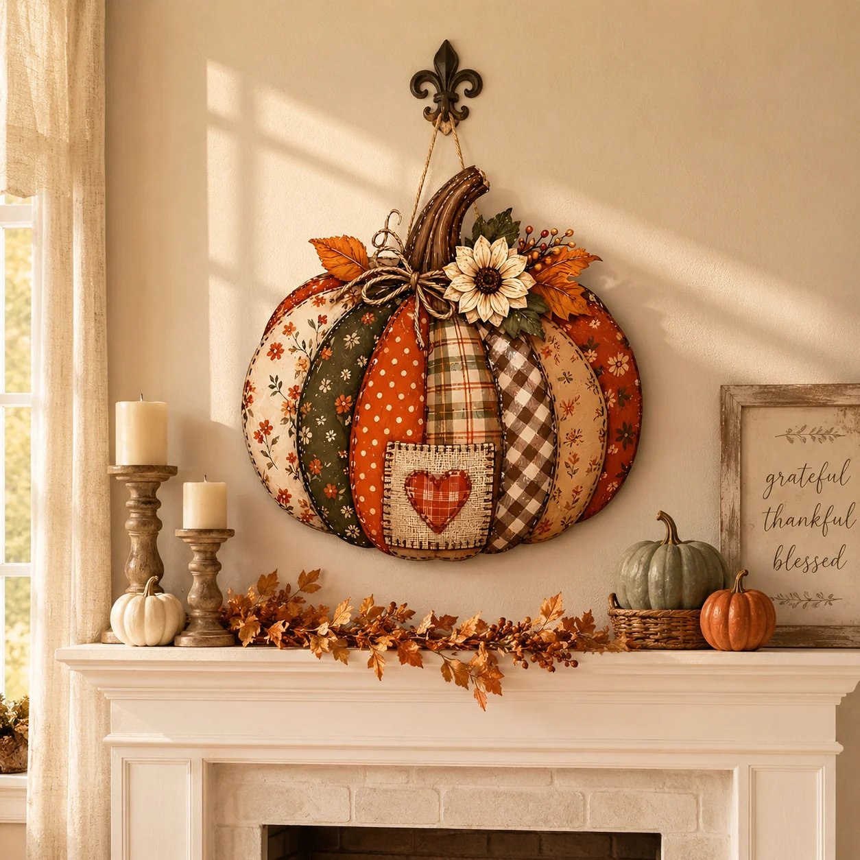 🍂🎃Autumn Retro Patchwork Pumpkin Door Hanging with Lights