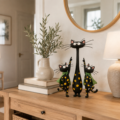 The Curious Cat Trio – Whimsical Black Cat Figurine Set
