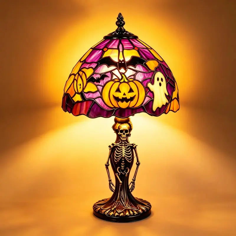 🎃 Halloween Stained Glass Skeleton Table Lamp | USB Gothic Night Light