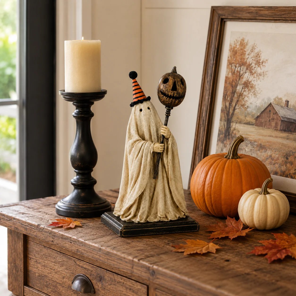 🎃✨Lighted Vintage Ghost Figurine with Glowing Pumpkin Staff
