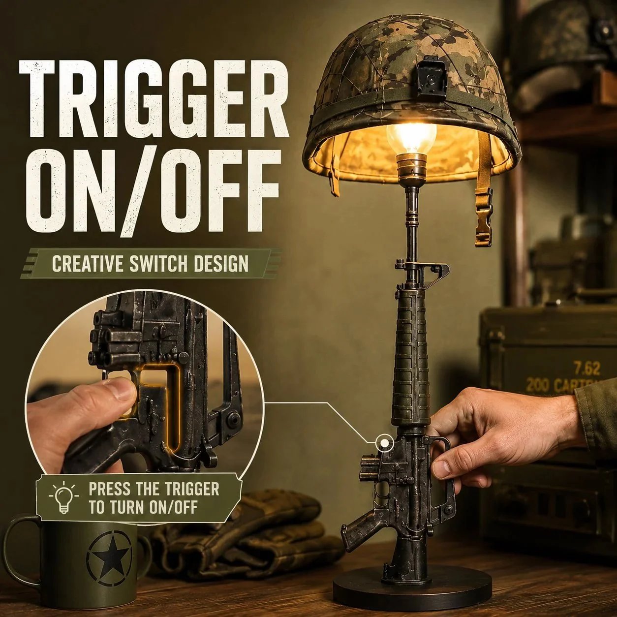 Tactical Rifle & Helmet Table Lamp with Trigger Switch