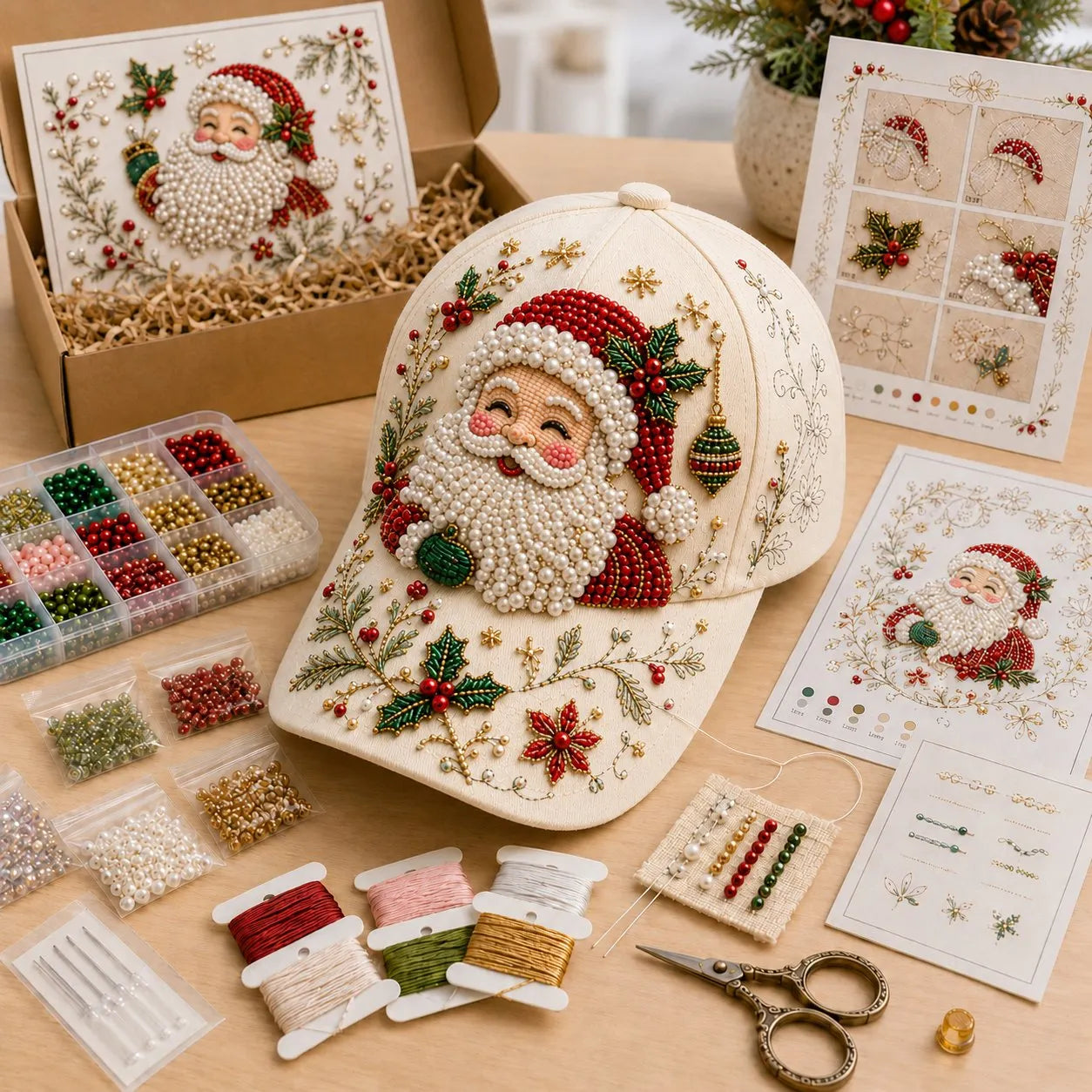 🎄🧢 Premium Christmas Beaded Hat DIY Kit | Luxury Flocked Canvas with Scratch-Resistant Non-Fading Pearl Beads DIY Handmade Holiday Cap Decor 🎅🪡✨