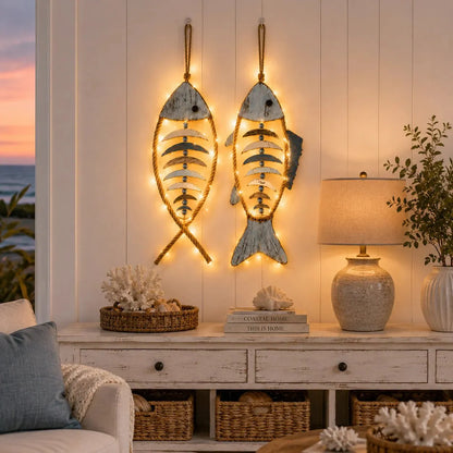 🐟✨ Lighted Coastal Rope Fish Wall Hanging