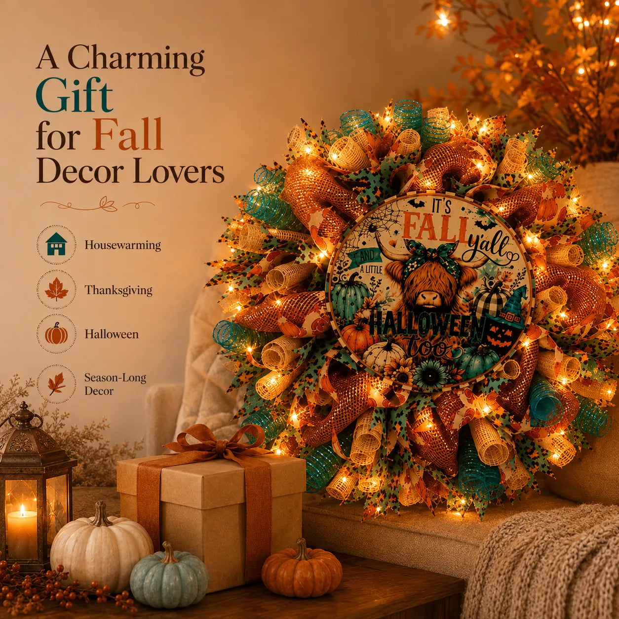 🍂Lighted Highland Cow Fall Halloween Wreath for Front Door
