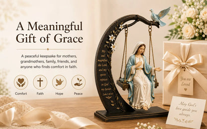 ✝️ Blessed Mary Cradle Swing Ornament – Luke 1:46–47 Faith Table Decor | Holy Virgin Prayer Sculpture with Dove & Crescent Arch Home Decoration