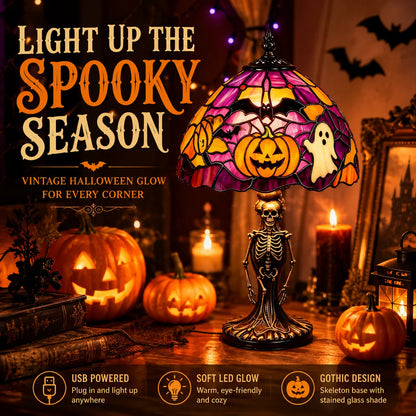 🎃 Halloween Stained Glass Skeleton Table Lamp | USB Gothic Night Light