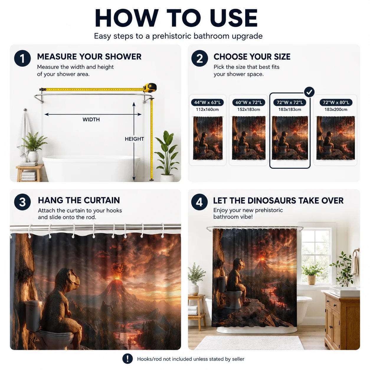 🦖🚽Fun Dinosaur Volcano Bathroom Shower Curtain🤣(📦Buy 2 Free Shipping)