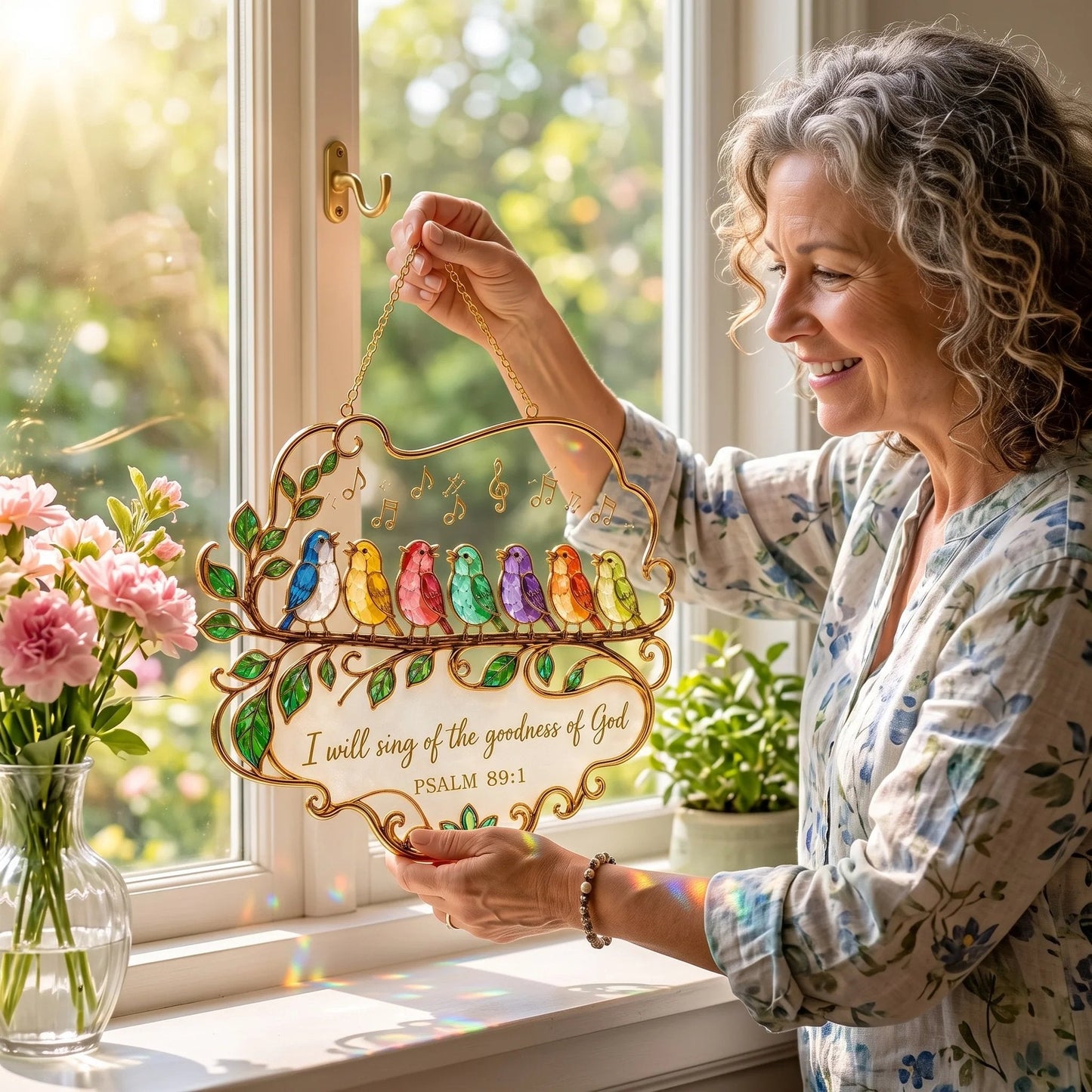 🐦🎶 Psalm 89:1 Songbird Window Suncatcher | Stained-Glass Style Faith Decor with Colorful Birds & Scripture 🕊️✨