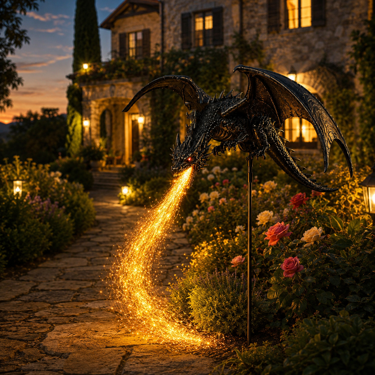 Solar dragon light beside a garden pathway