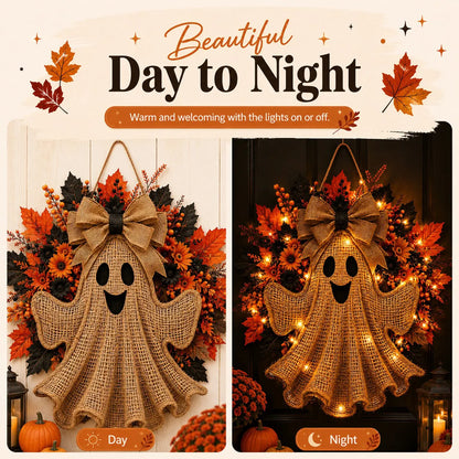 Lighted Halloween Ghost Wreath with Autumn Leaves