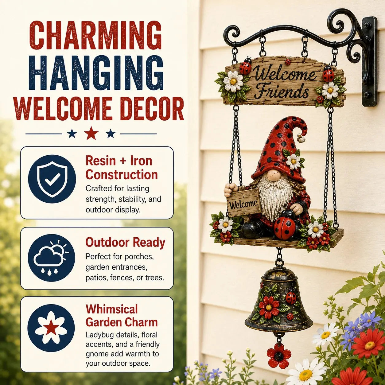 🔥Limited time 50% OFF – Rustic Garden Gnome Bell Outdoor Decor 🐞🌼