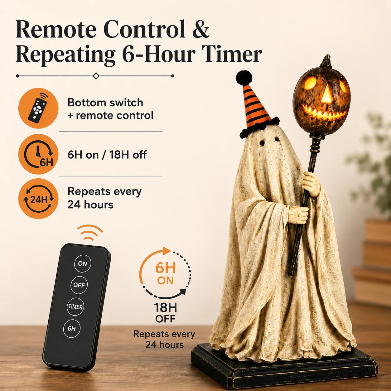 🎃✨Lighted Vintage Ghost Figurine with Glowing Pumpkin Staff