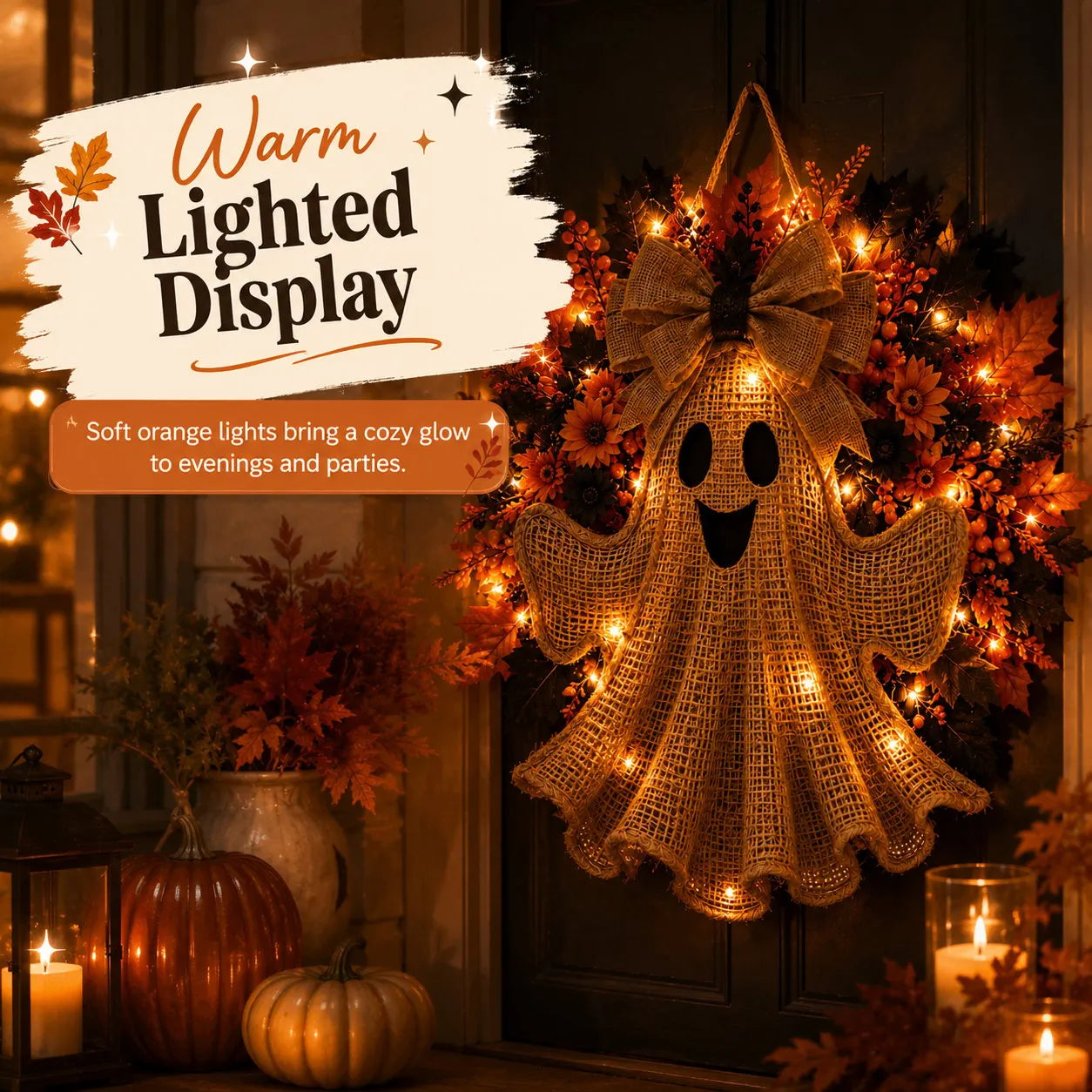 Lighted Halloween Ghost Wreath with Autumn Leaves