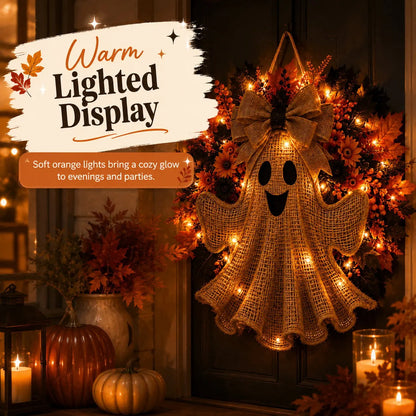 Lighted Halloween Ghost Wreath with Autumn Leaves