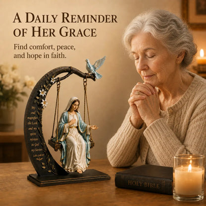 ✝️ Blessed Mary Cradle Swing Ornament – Luke 1:46–47 Faith Table Decor | Holy Virgin Prayer Sculpture with Dove & Crescent Arch Home Decoration