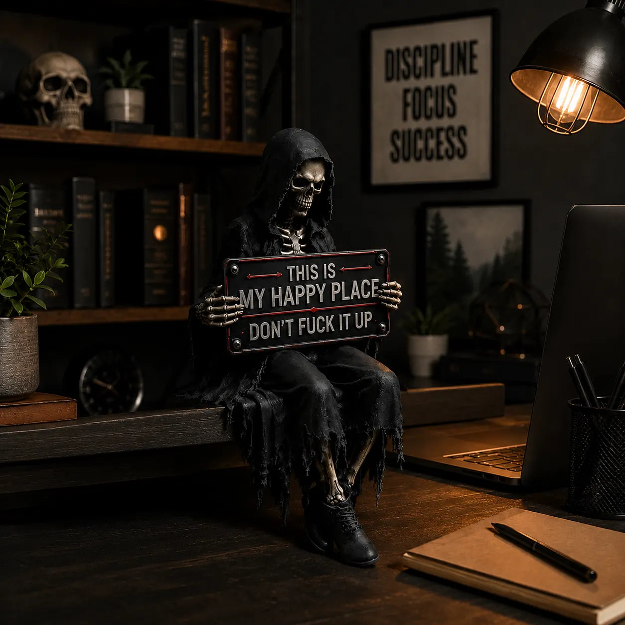 “This Is My Happy Place” Skeleton Bookshelf Decor
