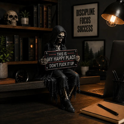 “This Is My Happy Place” Skeleton Bookshelf Decor