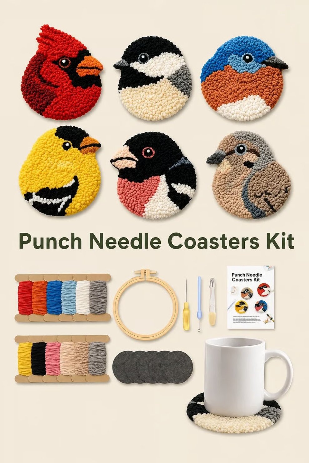 🧵Beginner-Friendly🐦DIY Bird Coasters Punch Needle Kit☕(Quick-Dry, Moisture-Proof & Easy-Clean)